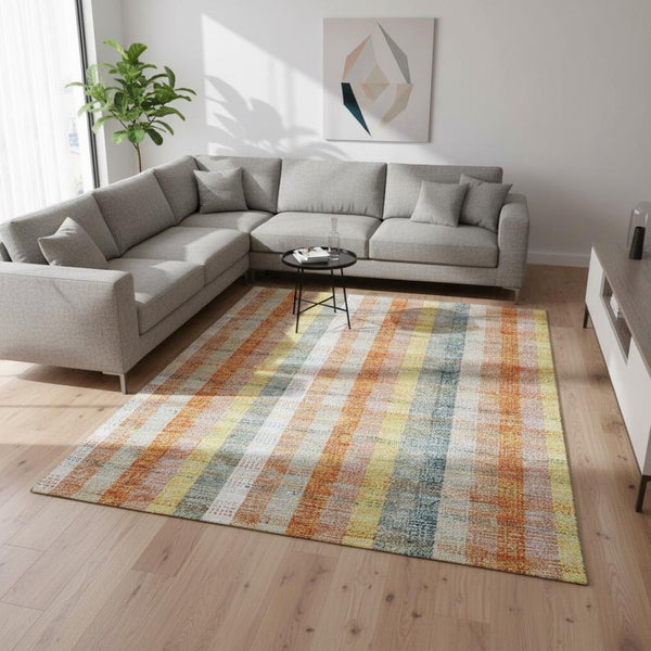 HomeRoots 8' X 10' Peach Ivory & Yellow Plaid Washable Area Rug - UV Protected, Pet-Friendly, Stain Resistant 676474