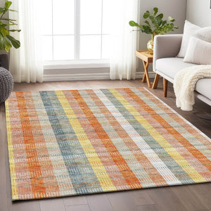 HomeRoots 8' X 10' Peach Ivory & Yellow Plaid Washable Area Rug - UV Protected, Pet-Friendly, Stain Resistant 676474