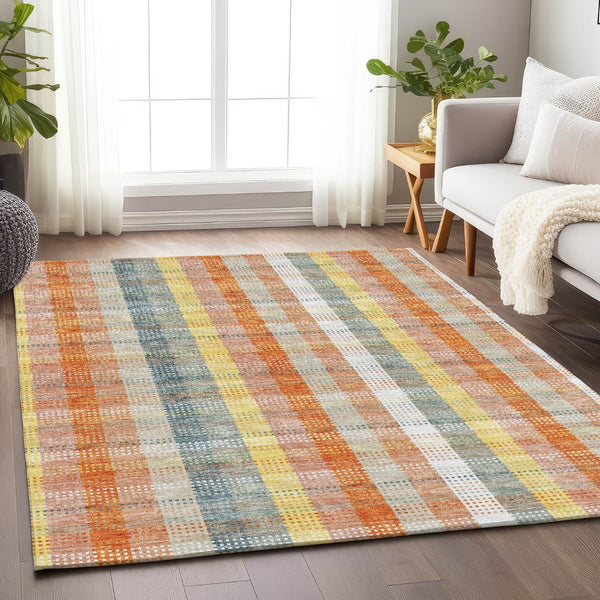 HomeRoots 8' X 10' Peach Ivory & Yellow Plaid Washable Area Rug - UV Protected, Pet-Friendly, Stain Resistant 676474