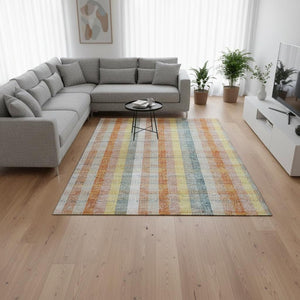 HomeRoots 9' X 12' Peach Ivory Yellow Plaid Washable Area Rug - Durable, Stain Resistant, UV Protected Comfort! 676475