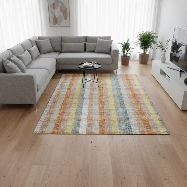 HomeRoots 9' X 12' Peach Ivory Yellow Plaid Washable Area Rug - Durable, Stain Resistant, UV Protected Comfort! 676475