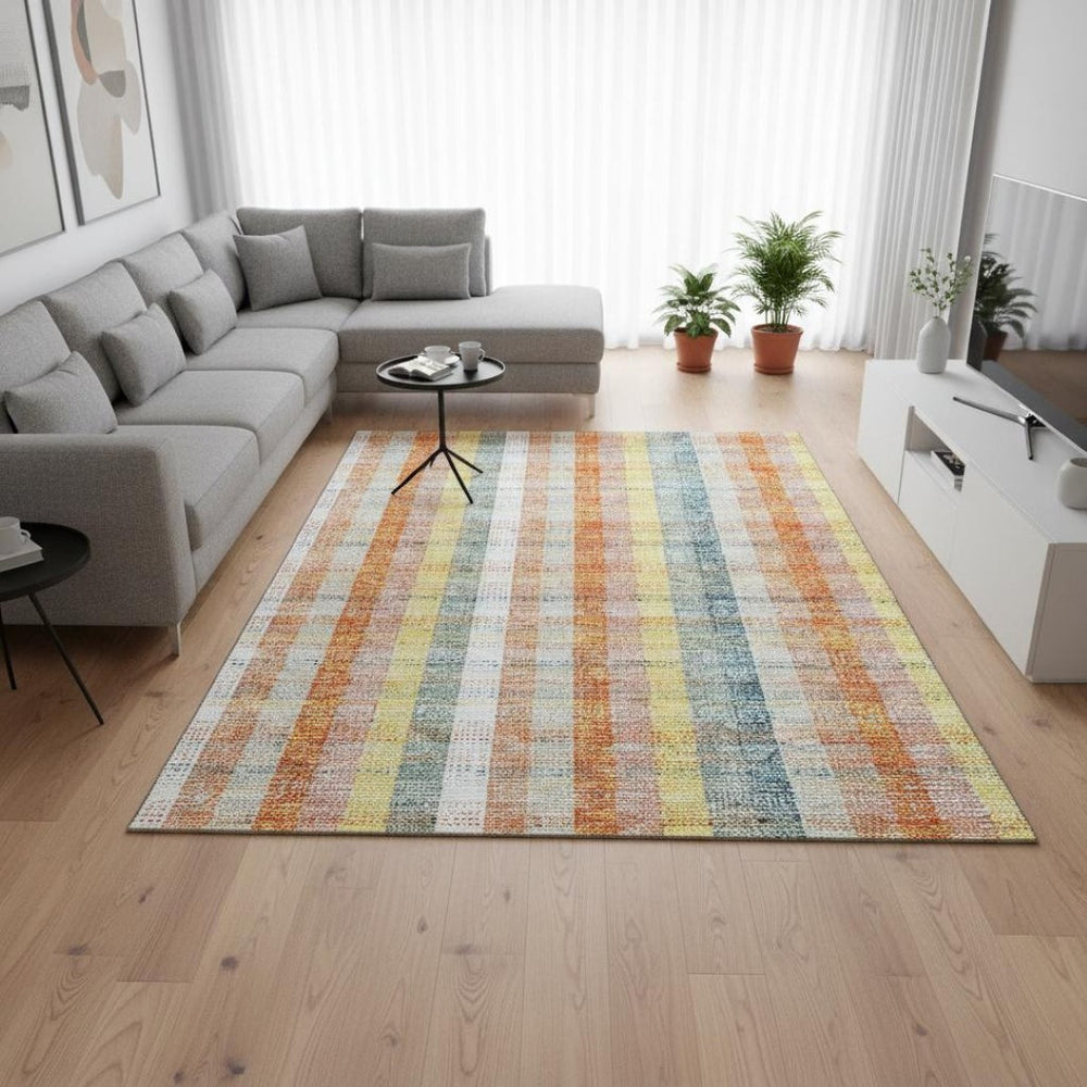 HomeRoots 10' X 14' Peach Ivory Yellow Plaid Area Rug – UV Protected, Washable, Durable for Family Spaces 676476