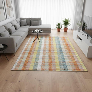 HomeRoots 10' X 14' Peach Ivory Yellow Plaid Area Rug – UV Protected, Washable, Durable for Family Spaces 676476