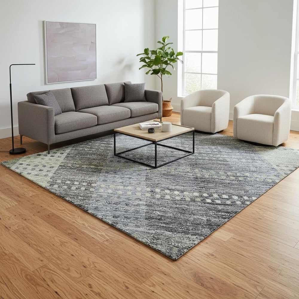 HomeRoots 5' X 8' Durable Pewter Gray and Green Plaid Washable Area Rug with UV Protection for High-Traffic Areas 676478
