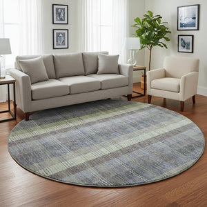 HomeRoots 8' Stylish Pewter Gray and Green Plaid Washable Round Rug with UV Protection for High-Traffic Areas 676479