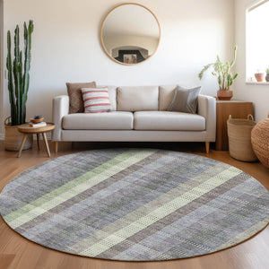 HomeRoots 8' Stylish Pewter Gray and Green Plaid Washable Round Rug with UV Protection for High-Traffic Areas 676479