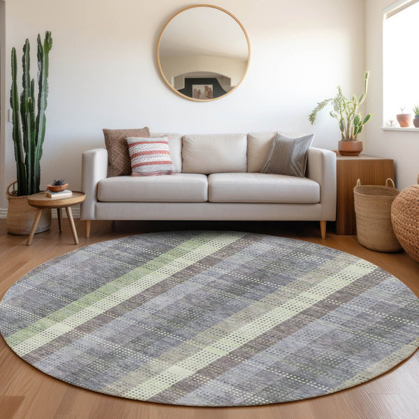 HomeRoots 8' Stylish Pewter Gray and Green Plaid Washable Round Rug with UV Protection for High-Traffic Areas 676479