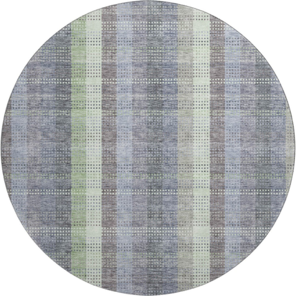 HomeRoots 8' Stylish Pewter Gray and Green Plaid Washable Round Rug with UV Protection for High-Traffic Areas 676479