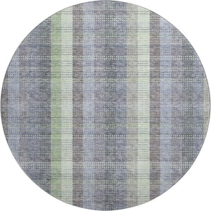 HomeRoots 8' Stylish Pewter Gray and Green Plaid Washable Round Rug with UV Protection for High-Traffic Areas 676479