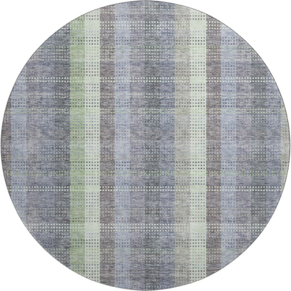 HomeRoots 8' Stylish Pewter Gray and Green Plaid Washable Round Rug with UV Protection for High-Traffic Areas 676479