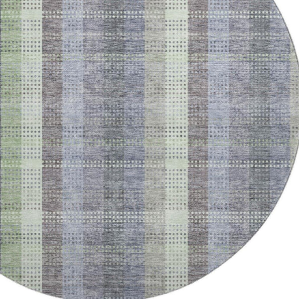 HomeRoots 8' Stylish Pewter Gray and Green Plaid Washable Round Rug with UV Protection for High-Traffic Areas 676479