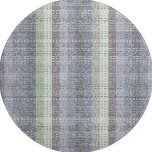 HomeRoots 8' Stylish Pewter Gray and Green Plaid Washable Round Rug with UV Protection for High-Traffic Areas 676479
