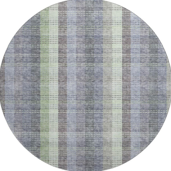 HomeRoots 8' Stylish Pewter Gray and Green Plaid Washable Round Rug with UV Protection for High-Traffic Areas 676479