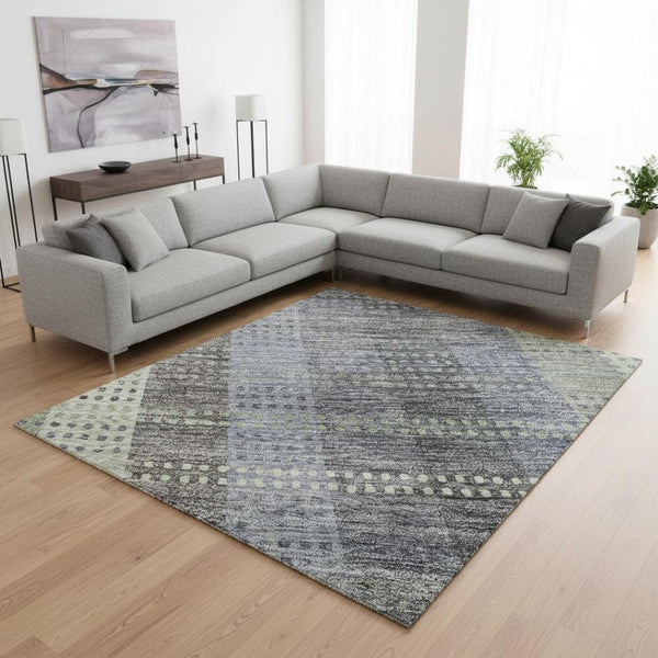 HomeRoots 9' X 12' Stylish Pewter Gray & Green Plaid Washable Area Rug - Durable, UV Protected & Stain Resistant! 676481