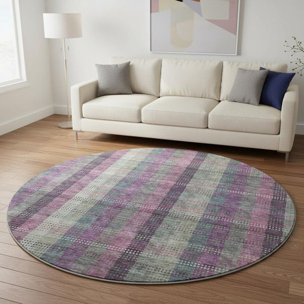 HomeRoots 8' Elegant Washable Round Rug in Plum, Sage & Gray Plaid with UV Protection for Family Living Spaces 676485