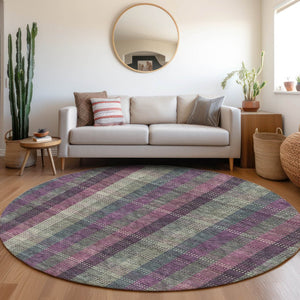 HomeRoots 8' Elegant Washable Round Rug in Plum, Sage & Gray Plaid with UV Protection for Family Living Spaces 676485
