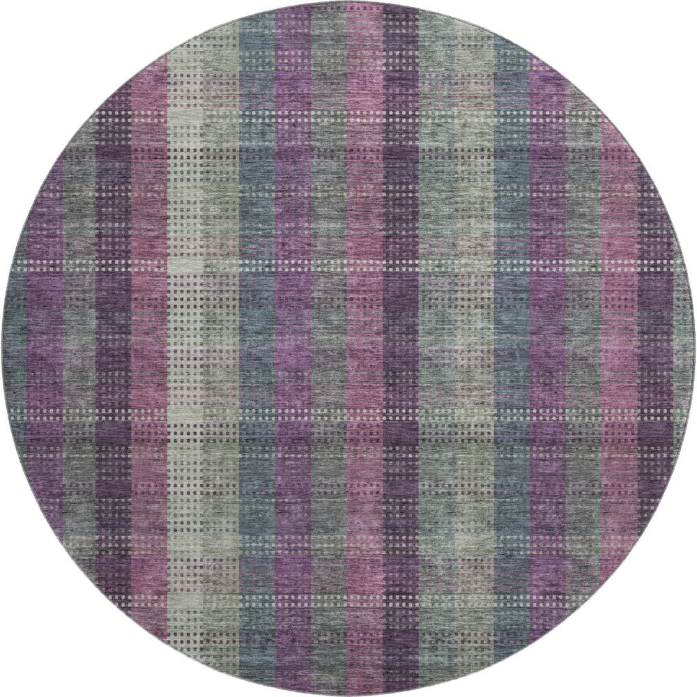HomeRoots 8' Elegant Washable Round Rug in Plum, Sage & Gray Plaid with UV Protection for Family Living Spaces 676485