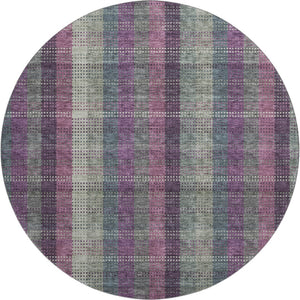 HomeRoots 8' Elegant Washable Round Rug in Plum, Sage & Gray Plaid with UV Protection for Family Living Spaces 676485