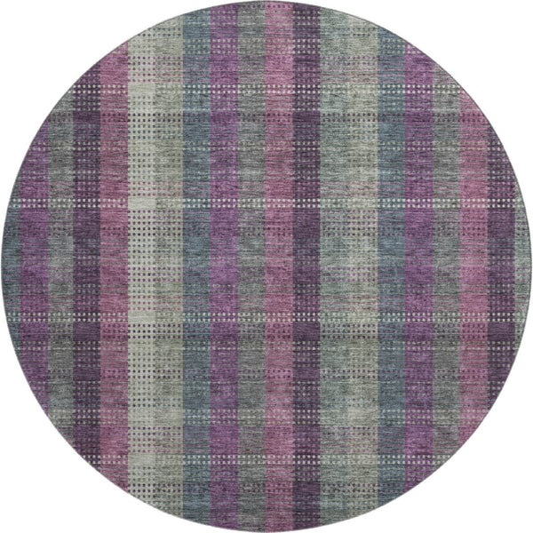 HomeRoots 8' Elegant Washable Round Rug in Plum, Sage & Gray Plaid with UV Protection for Family Living Spaces 676485