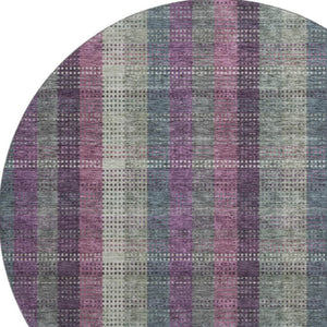 HomeRoots 8' Elegant Washable Round Rug in Plum, Sage & Gray Plaid with UV Protection for Family Living Spaces 676485