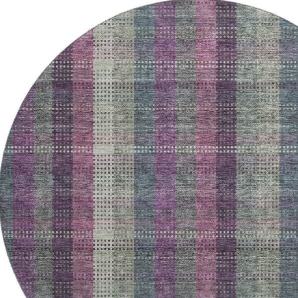 HomeRoots 8' Elegant Washable Round Rug in Plum, Sage & Gray Plaid with UV Protection for Family Living Spaces 676485