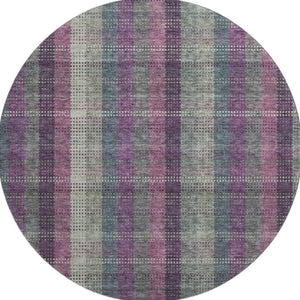 HomeRoots 8' Elegant Washable Round Rug in Plum, Sage & Gray Plaid with UV Protection for Family Living Spaces 676485