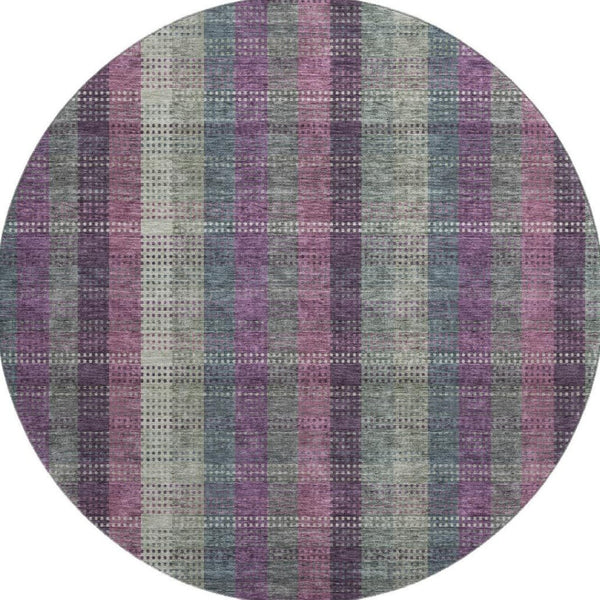 HomeRoots 8' Elegant Washable Round Rug in Plum, Sage & Gray Plaid with UV Protection for Family Living Spaces 676485