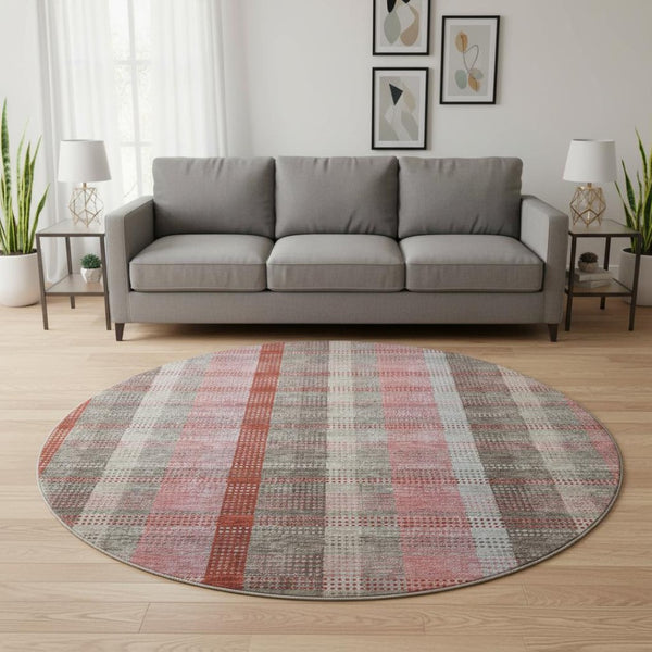 HomeRoots 8' Red Pink And Gray Plaid Washable Round Rug - Durable, UV-Protected, Stain-Resistant for Family Spaces 676491