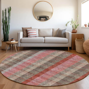 HomeRoots 8' Red Pink And Gray Plaid Washable Round Rug - Durable, UV-Protected, Stain-Resistant for Family Spaces 676491