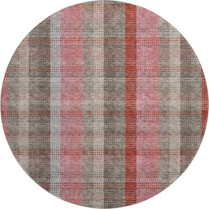 HomeRoots 8' Red Pink And Gray Plaid Washable Round Rug - Durable, UV-Protected, Stain-Resistant for Family Spaces 676491
