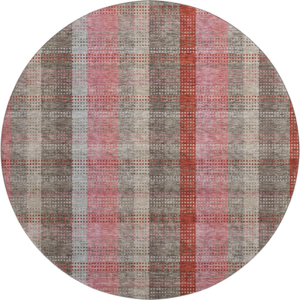 HomeRoots 8' Red Pink And Gray Plaid Washable Round Rug - Durable, UV-Protected, Stain-Resistant for Family Spaces 676491