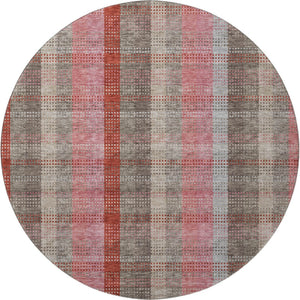 HomeRoots 8' Red Pink And Gray Plaid Washable Round Rug - Durable, UV-Protected, Stain-Resistant for Family Spaces 676491