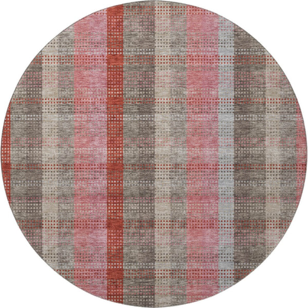 HomeRoots 8' Red Pink And Gray Plaid Washable Round Rug - Durable, UV-Protected, Stain-Resistant for Family Spaces 676491