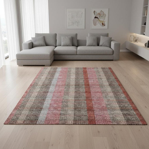 HomeRoots 10' X 14' Washable Plaid Area Rug in Red, Pink & Gray - Durable, Stain-Resistant, UV-Protected Design 676494