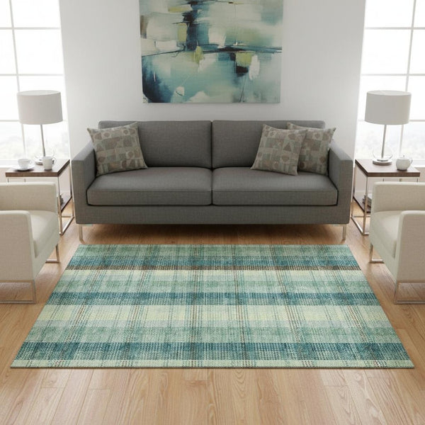 HomeRoots 5' X 8' Sage Teal and Ivory Plaid Area Rug - Durable, Stain Resistant, UV Protected for High-Traffic Homes 676496