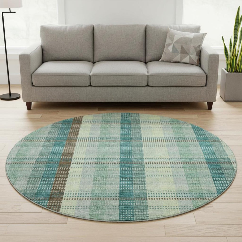 HomeRoots 8' Sage Teal and Ivory Plaid Washable Round Rug – UV Protected, Easy-Care, Stylish for Any Space 676497