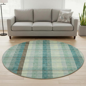HomeRoots 8' Sage Teal and Ivory Plaid Washable Round Rug – UV Protected, Easy-Care, Stylish for Any Space 676497