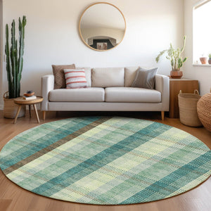 HomeRoots 8' Sage Teal and Ivory Plaid Washable Round Rug – UV Protected, Easy-Care, Stylish for Any Space 676497