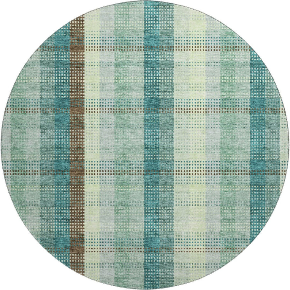 HomeRoots 8' Sage Teal and Ivory Plaid Washable Round Rug – UV Protected, Easy-Care, Stylish for Any Space 676497