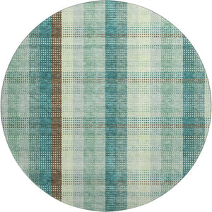 HomeRoots 8' Sage Teal and Ivory Plaid Washable Round Rug – UV Protected, Easy-Care, Stylish for Any Space 676497