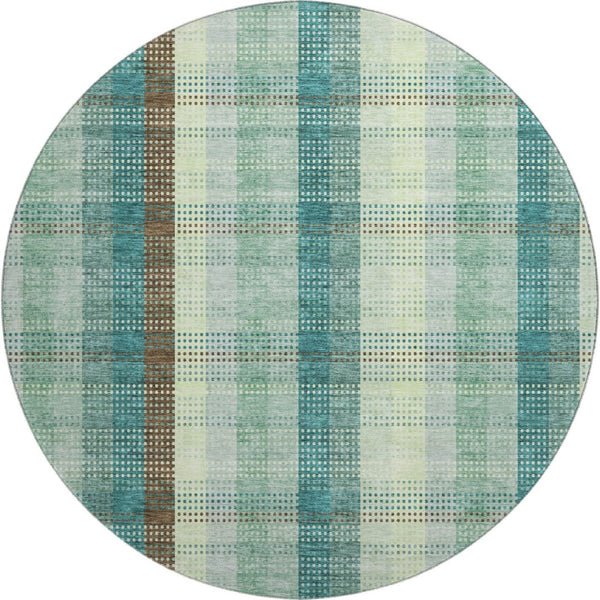 HomeRoots 8' Sage Teal and Ivory Plaid Washable Round Rug – UV Protected, Easy-Care, Stylish for Any Space 676497