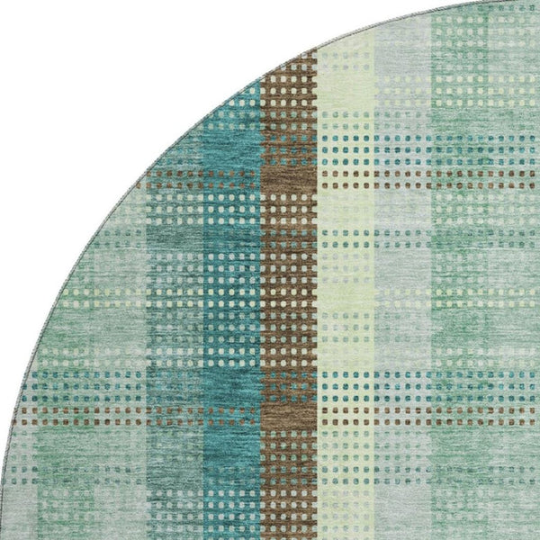 HomeRoots 8' Sage Teal and Ivory Plaid Washable Round Rug – UV Protected, Easy-Care, Stylish for Any Space 676497