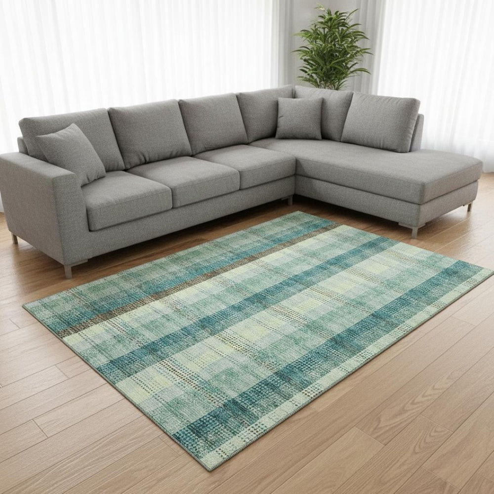 HomeRoots 8' X 10' Sage Teal And Ivory Plaid Washable Area Rug - Durable, Stylish, UV Protected for Busy Homes 676498