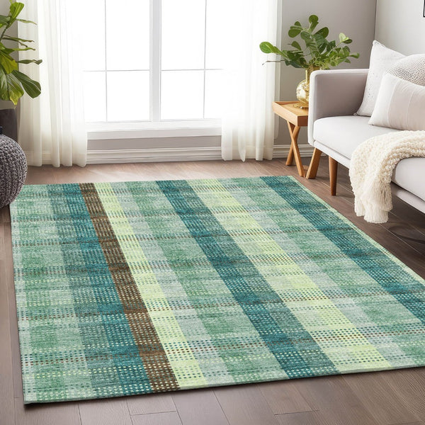 HomeRoots 8' X 10' Sage Teal And Ivory Plaid Washable Area Rug - Durable, Stylish, UV Protected for Busy Homes 676498