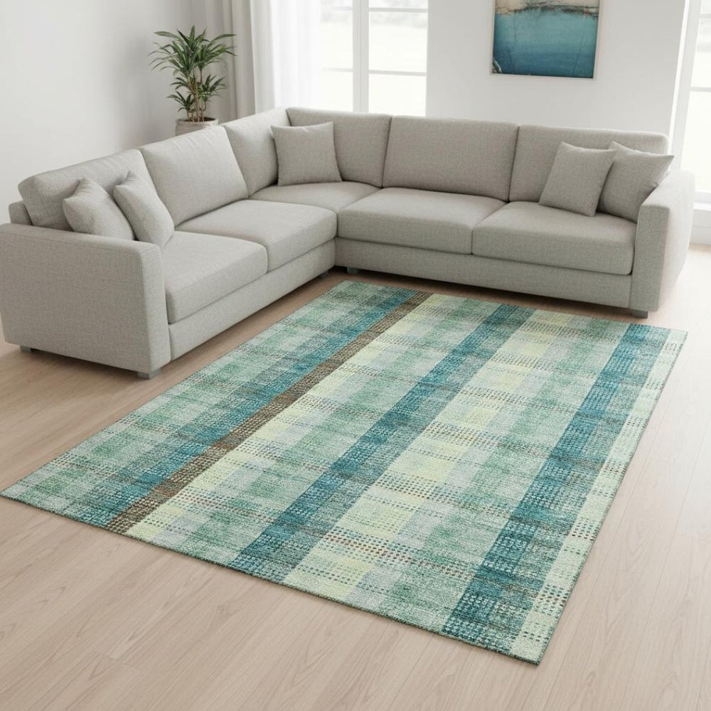 HomeRoots 9' X 12' Sage Teal & Ivory Plaid Area Rug - Washable, UV Protected, Durable for High-Traffic Spaces 676499