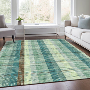 HomeRoots 9' X 12' Sage Teal & Ivory Plaid Area Rug - Washable, UV Protected, Durable for High-Traffic Spaces 676499