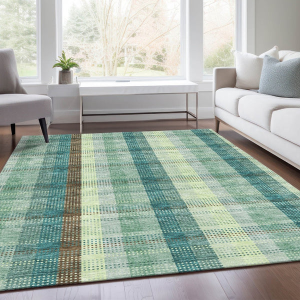 HomeRoots 9' X 12' Sage Teal & Ivory Plaid Area Rug - Washable, UV Protected, Durable for High-Traffic Spaces 676499