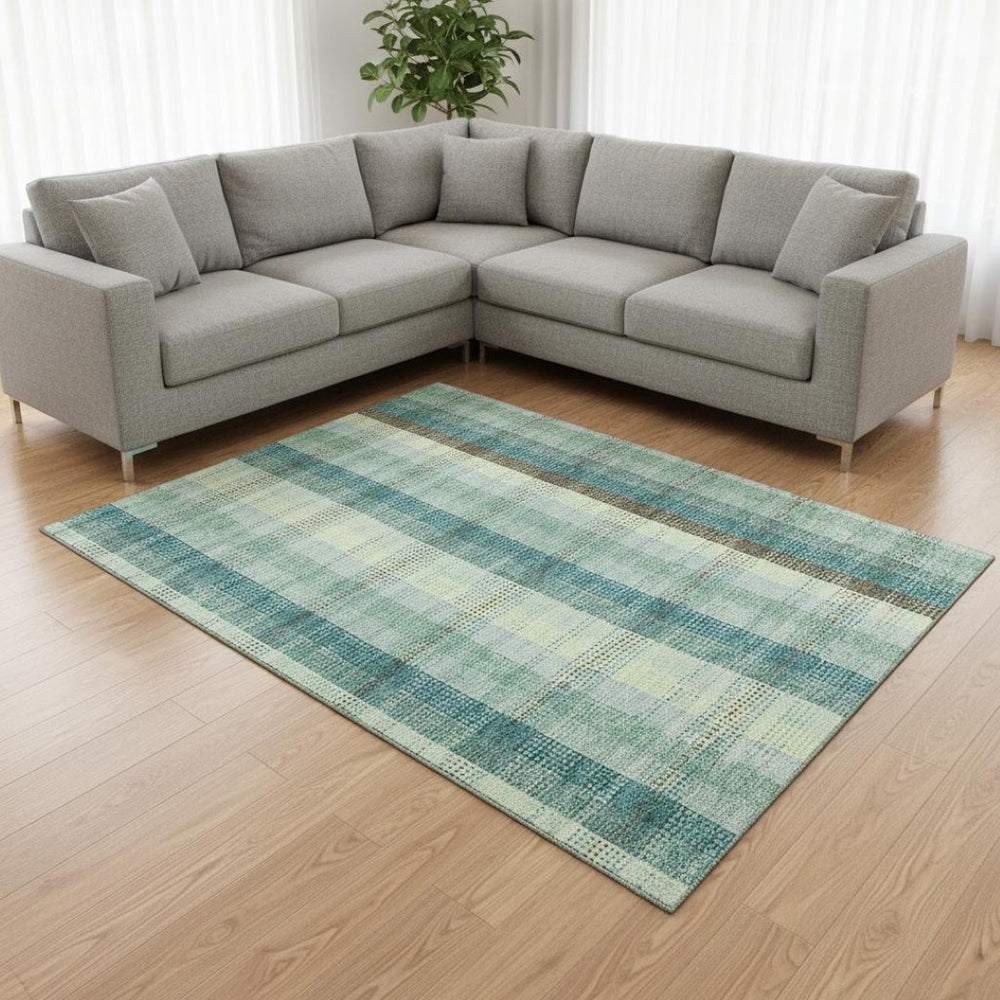 HomeRoots 10' X 14' Sage Teal Plaid Area Rug - Washable, UV-Protected, Durable for High-Traffic Spaces, Pet-Friendly 676500