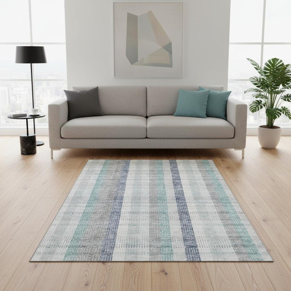 HomeRoots 5' X 8' Stylish Silver Gray & Teal Plaid Washable Area Rug with UV Protection for Active Homes 676502