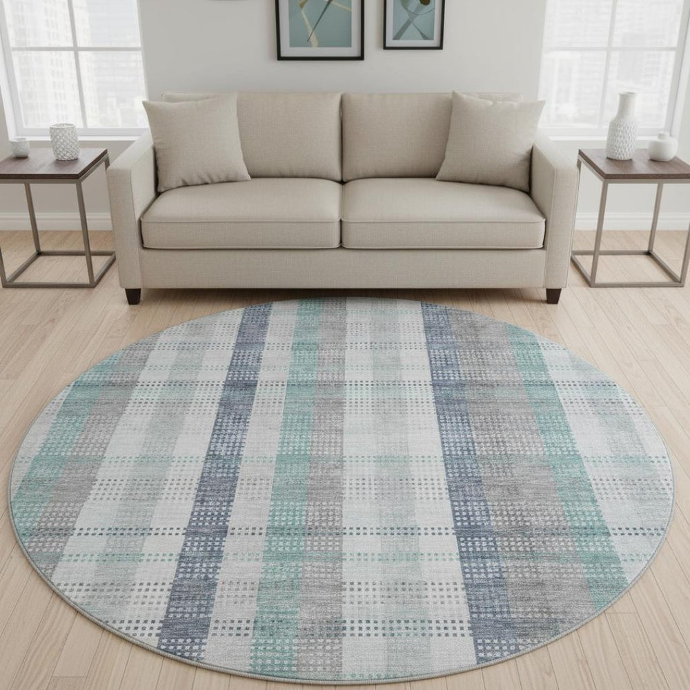 HomeRoots 8' Silver Gray and Teal Plaid Washable Round Rug - Durable, UV Protected, Stain Resistant Elegance 676503